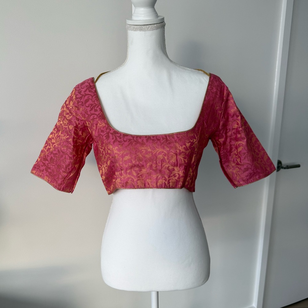 Pink & Gold Indian Wear Brocade Choli (Crop Top) 3/4 Sleeve